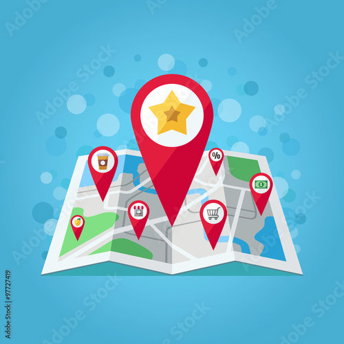 GPS map pointers on the map vector illustration (apple, star, shop, take away coffee, shop trolley, percent, money). Modern flat design.