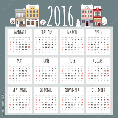 Cute christmas, new year 2016 card with winter houses, calendar, vector