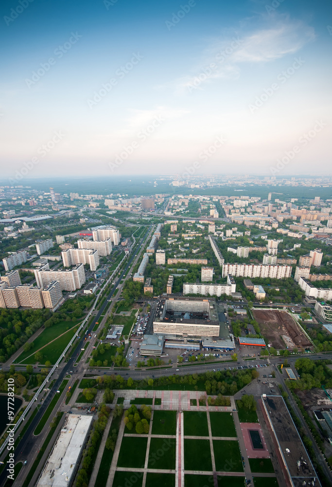 Bird's eye view Ostankino district in Moscow Russia