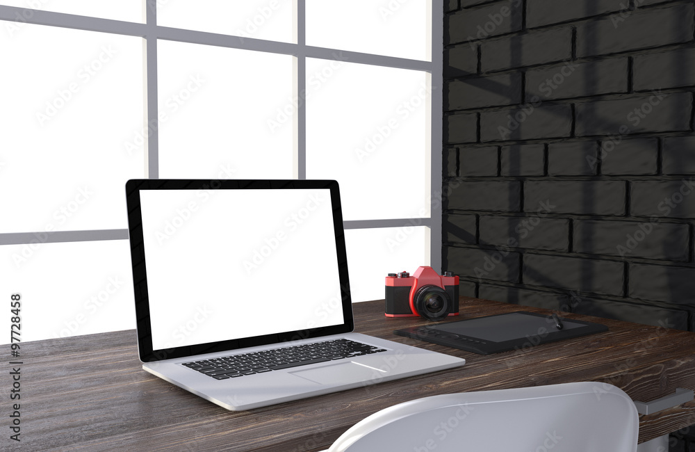 3D illustration laptop and work stuff on table near brick wall, Workspace 3D illustration laptop and work stuff on table near brick wall, Workspace