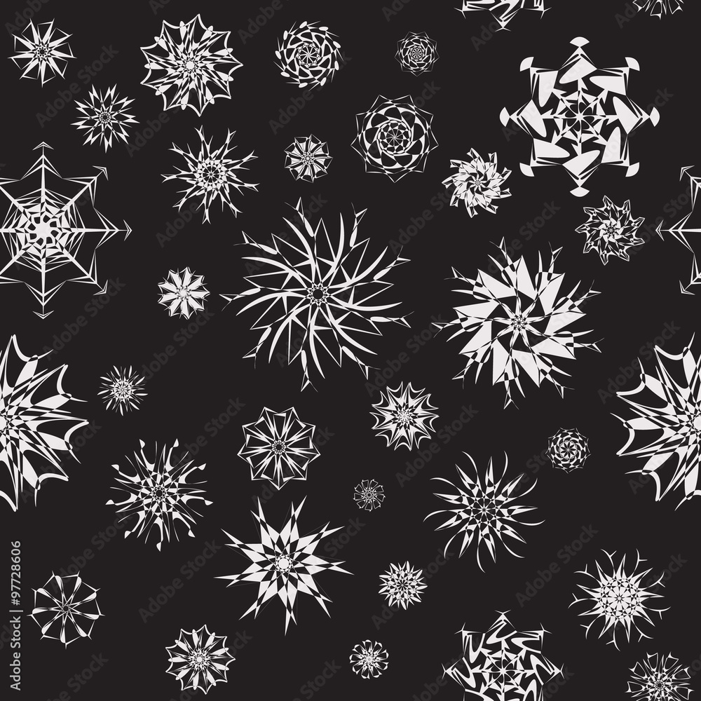 Elegant white snowflakes of various styles isolated on black background Elegant white snowflakes of various styles isolated on black background
