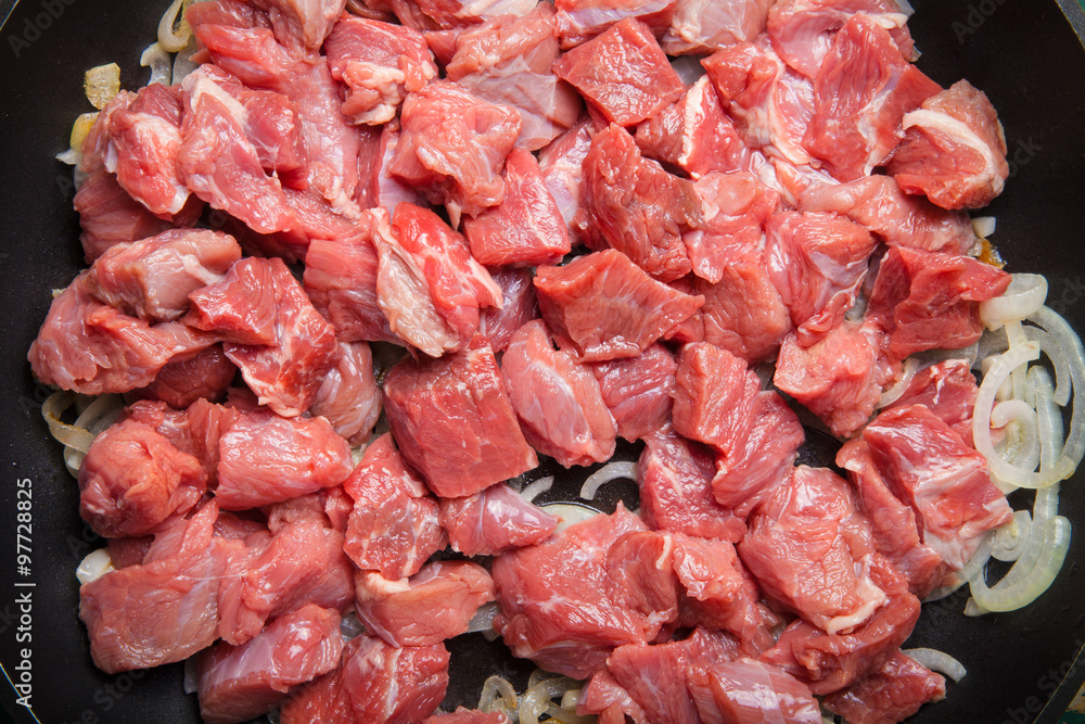 Fresh raw meat on a pan. Ingredients for traditional turkish mea Fresh raw meat on a pan. Ingredients for traditional turkish mea