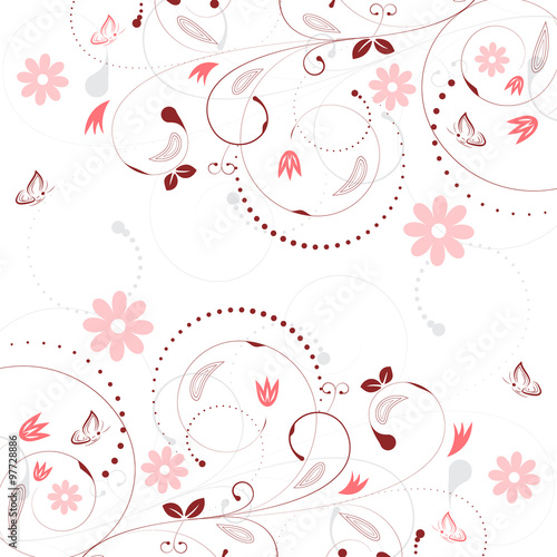 Floral vector background with vintage flower pattern and butterflies.