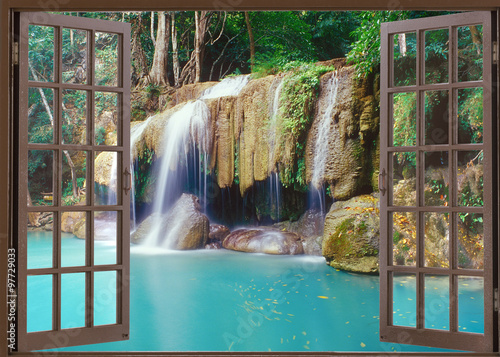 Fototapeta Open window view to deep jungle waterfall