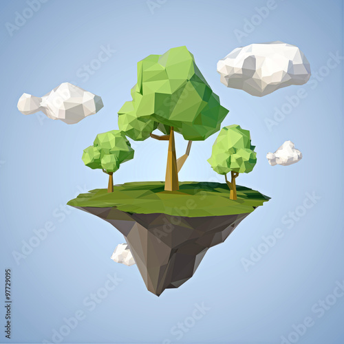 Low polygonal geometric trees and island. Abstract vector Illustration, low poly style. Stylized design element.