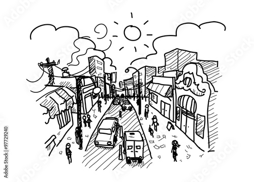 Bustling City, a hand drawn vector illustration of a busy city with pedestrians walking on the streets and all kinds of activities going on around.