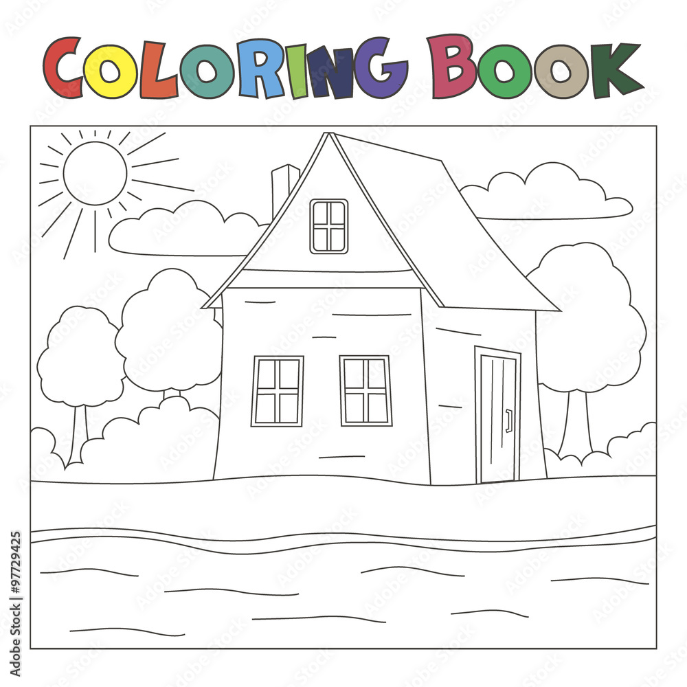 Coloring book with house and river: farm landscape