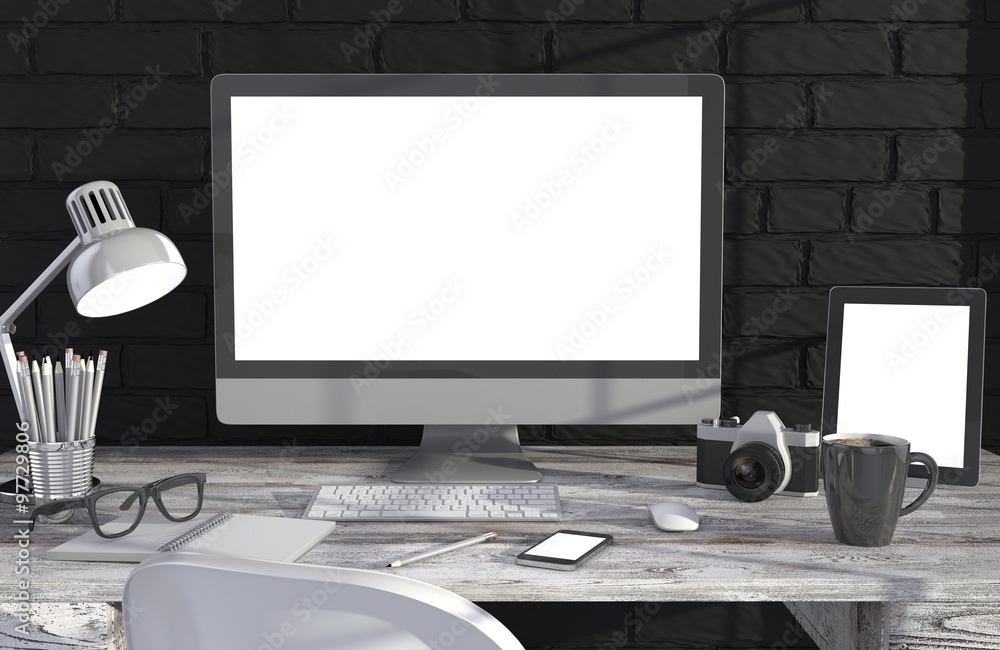 Fototapeta premium 3D illustration PC screen on table in office, Workspace