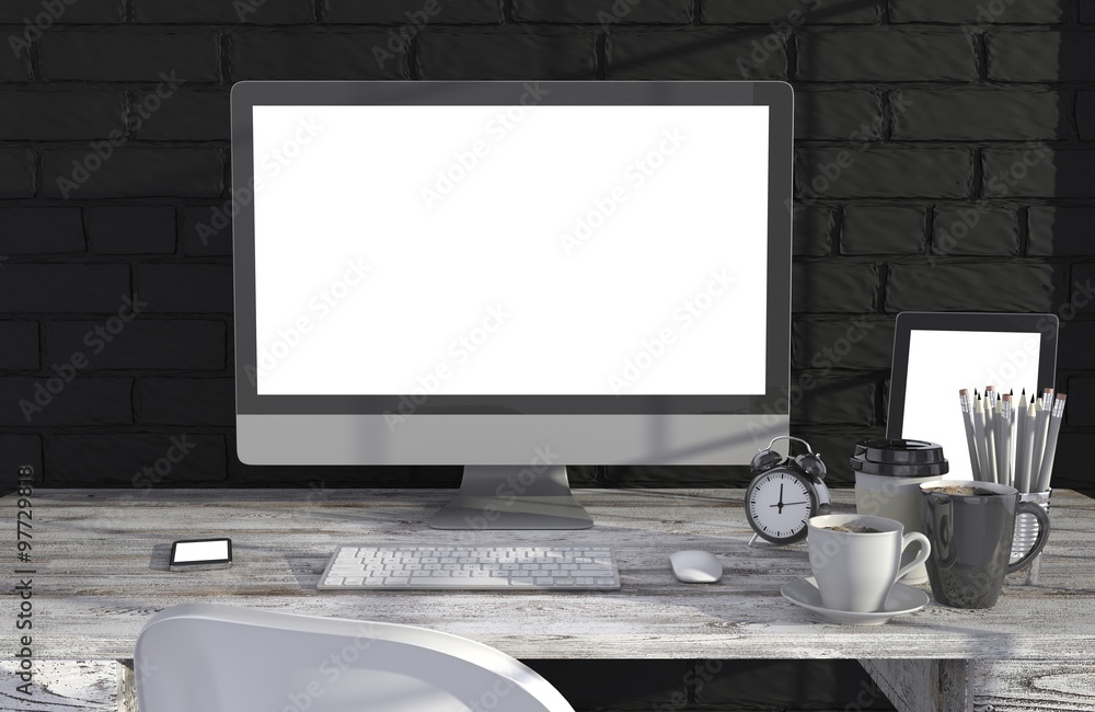 Fototapeta premium 3D illustration PC screen on table in office, Workspace