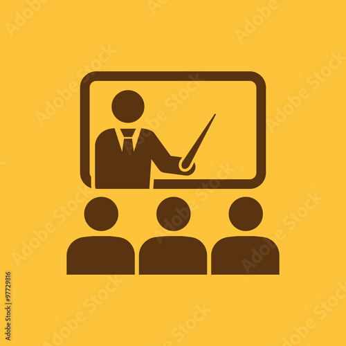 The training icon. Teacher and learner, classroom, presentation, conference, lesson, seminar, education symbol. Flat