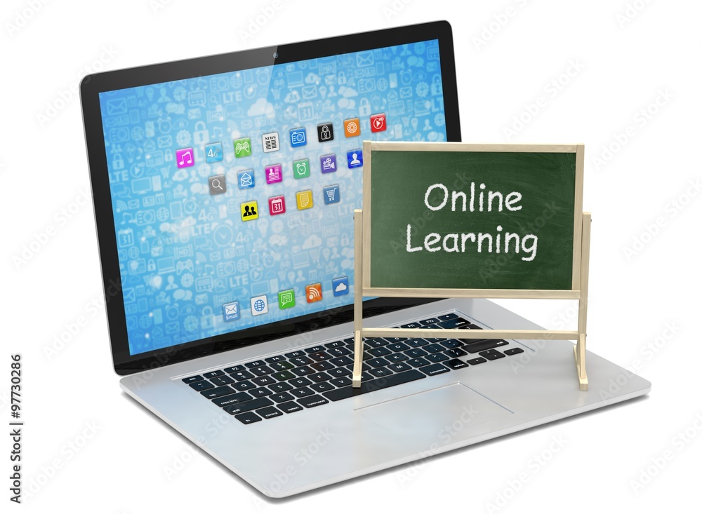  Laptop with chalkboard, online education concept