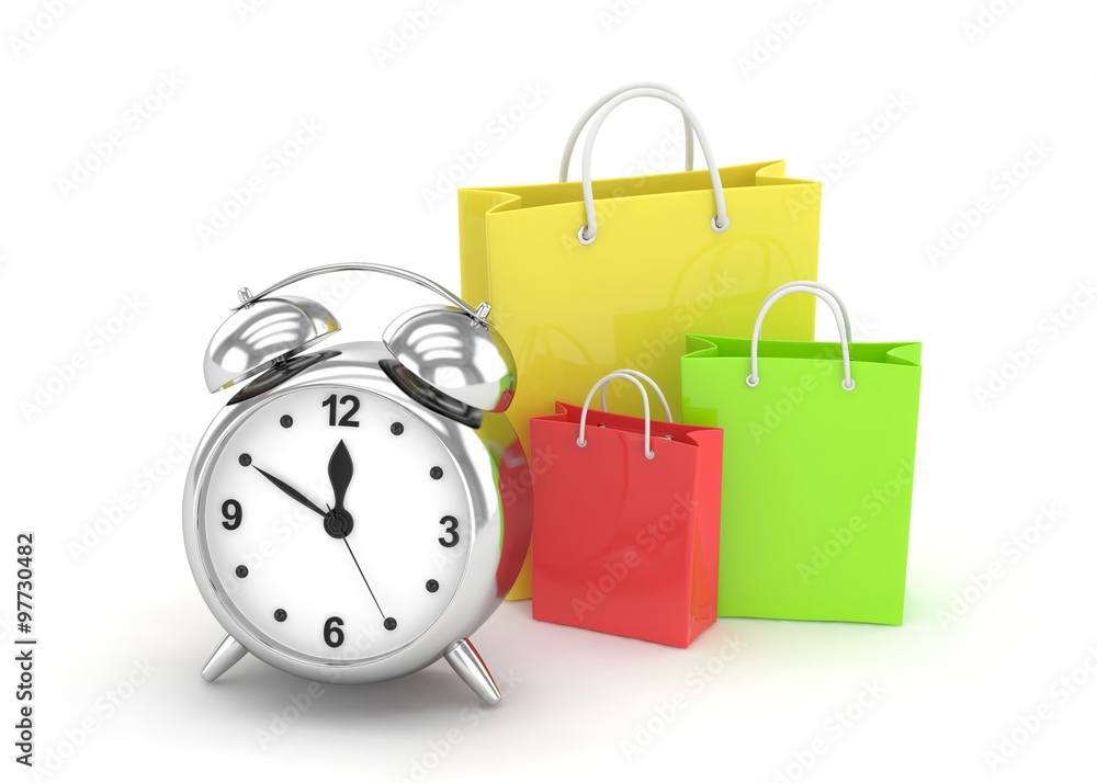 alarm clock and shopping bag (time to buy concept) alarm clock and shopping bag (time to buy concept)