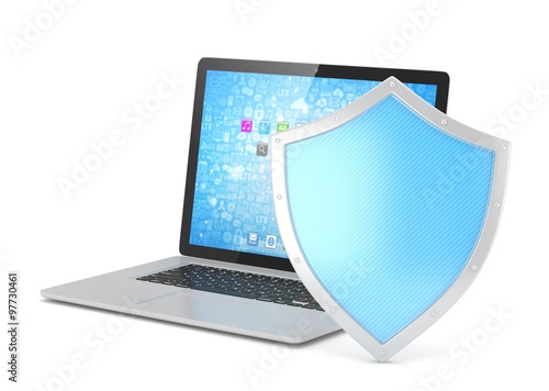 Free Download Laptop and shield on white, computer security concept - GFXLoad