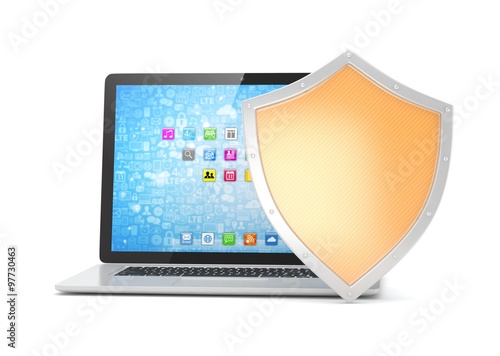 Free Download Laptop and shield on white, computer security concept - GFXLoad