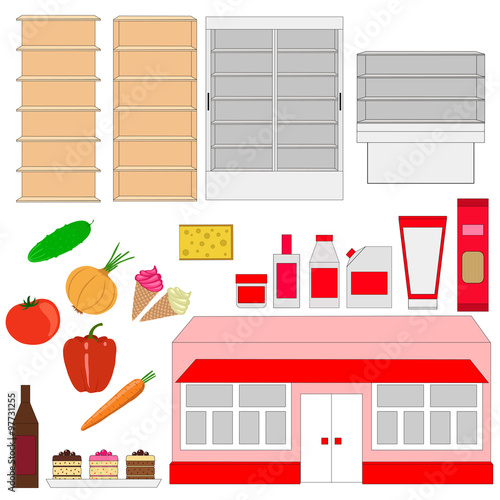 Supermarket . Storefronts and products . vector