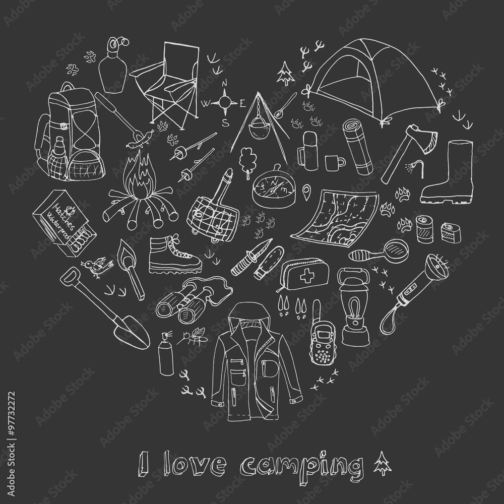 Set of hand drawn camping equipment symbols and icons, hiking, mountain climbing and camping doodle elements, vector illustration, camp clothes, shoes, gear and camp associated things