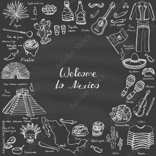 Hand drawn doodle Mexico set Vector illustration Sketchy mexican food icons United Mexican States elements Flag Maracas Sombrero Viva Mexico Maya Pyramid Aztec Tequila Agave Mariachi Poncho Guacamole