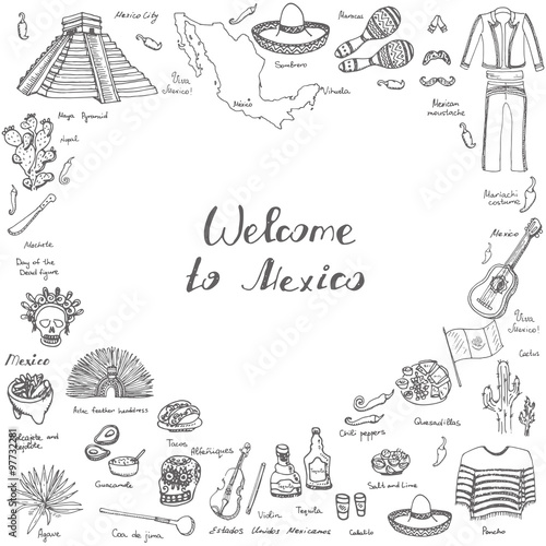 Hand drawn doodle Mexico set Vector illustration Sketchy mexican food icons United Mexican States elements Flag Maracas Sombrero Viva Mexico Maya Pyramid Aztec Tequila Agave Mariachi Poncho Guacamole