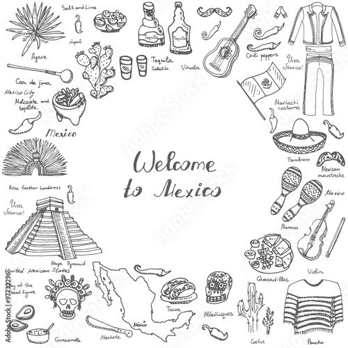 Hand drawn doodle Mexico set Vector illustration Sketchy mexican food icons United Mexican States elements Flag Maracas Sombrero Viva Mexico Maya Pyramid Aztec Tequila Agave Mariachi Poncho Guacamole