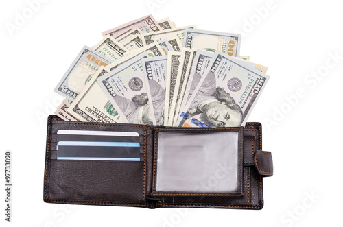 leather wallet with credit cards and dollars isolated