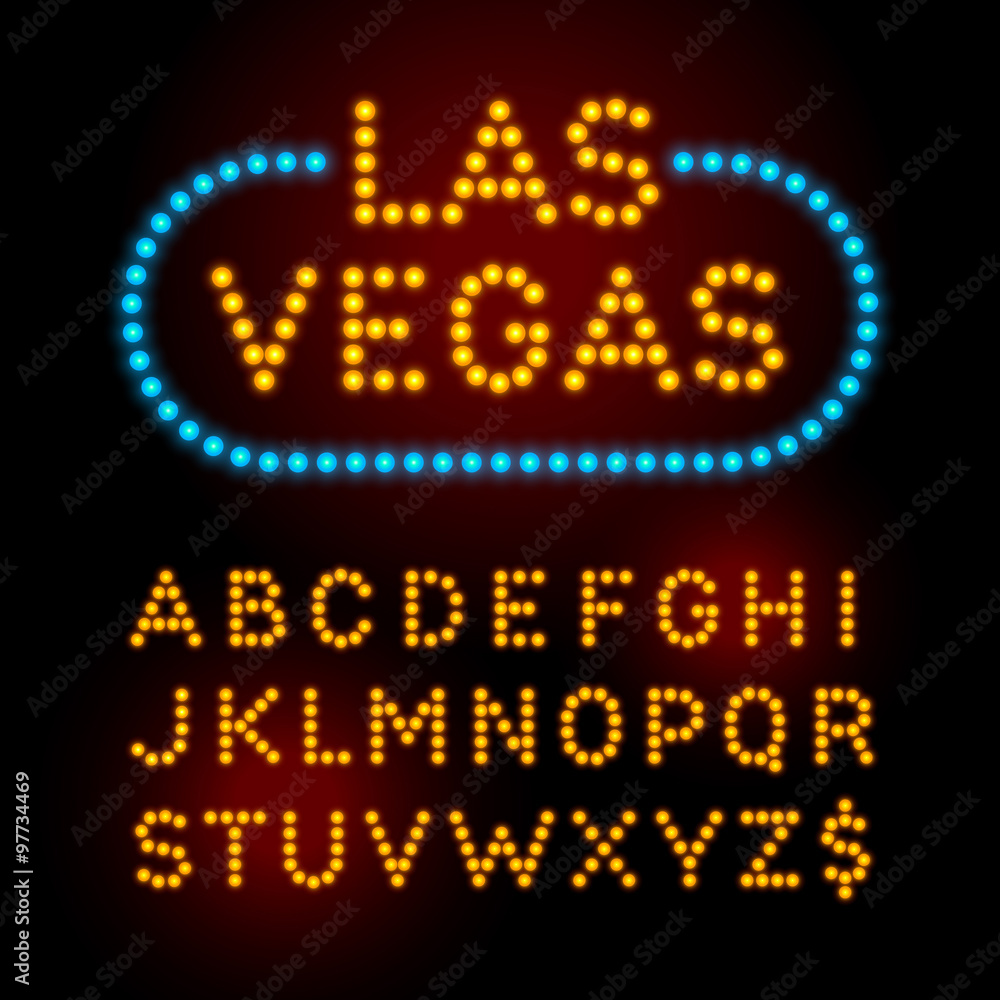 Light bulb font. Vector alphabet with casino effect letters.