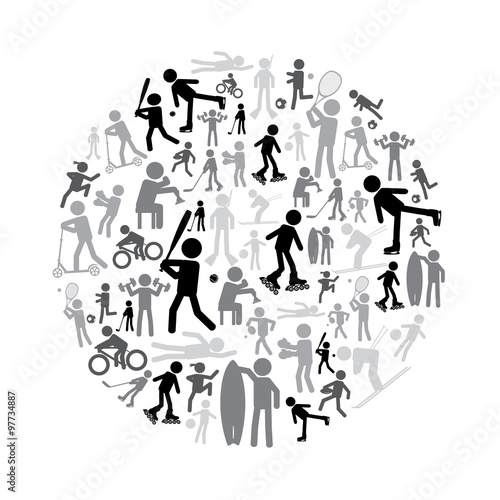 sport silhouettes grayscale simple icons set in circle eps10