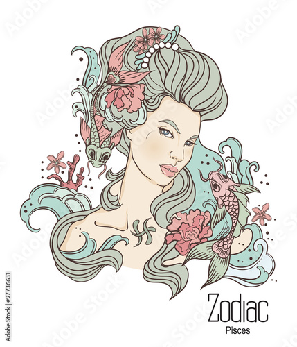 Zodiac. Vector illustration of Pisces as girl with flowers. 