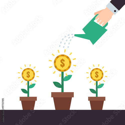 Money flowers growing up. Hand watering money flowers vector illustration. Modern flat minimalistic style.