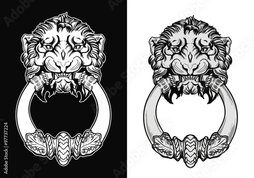 Engraved lion head door knocker. Hand drawn vector illustration