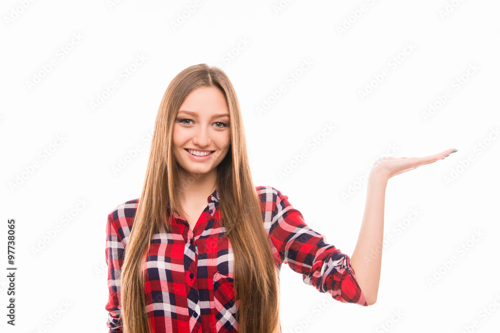 Portrait of young smiling girl with open palm Portrait of young smiling girl with open palm