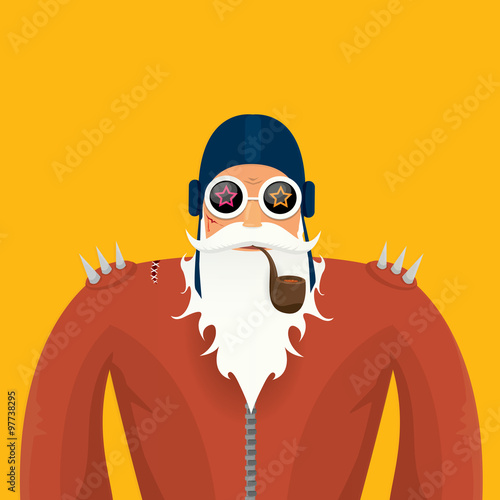 vector biker santa claus with smoking pipe.