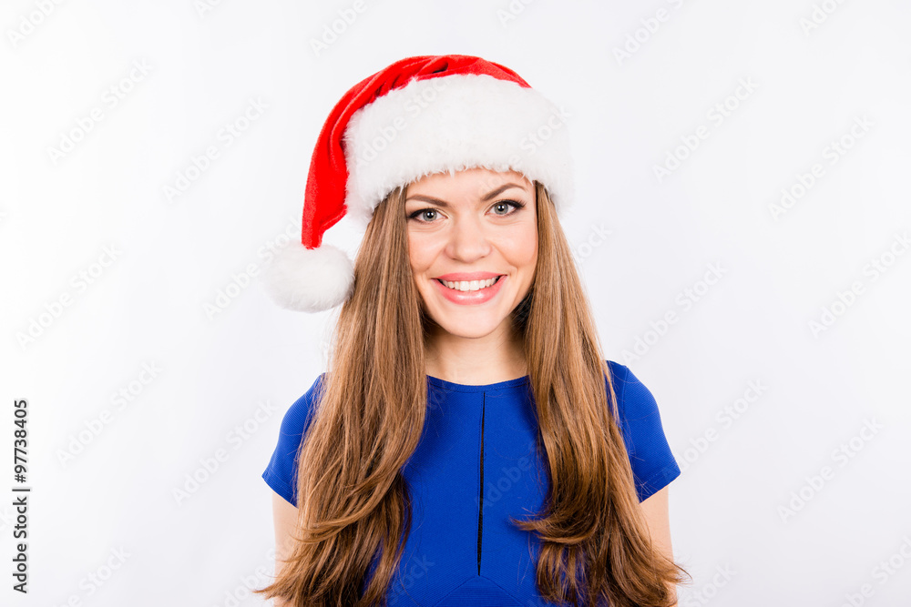 Pretty smiling girl in red New-Year's hat Pretty smiling girl in red New-Year's hat