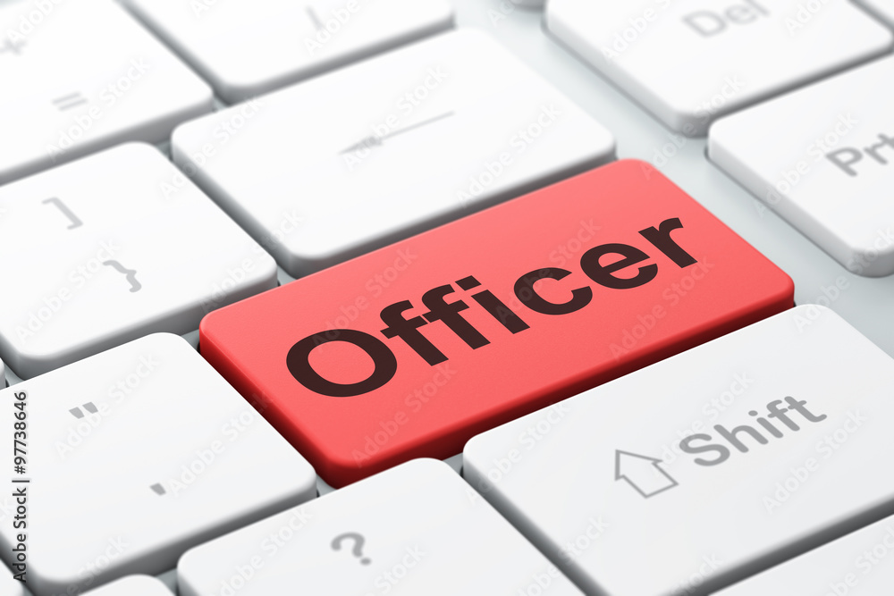 Law concept: Officer on computer keyboard background Law concept: Officer on computer keyboard background