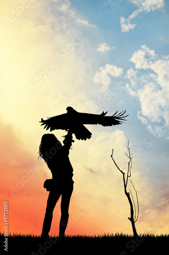 Fényképezés falconer silhouette at sunset