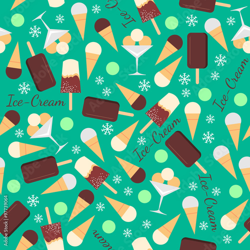 Seamless pattern with ice creams isolated on green background