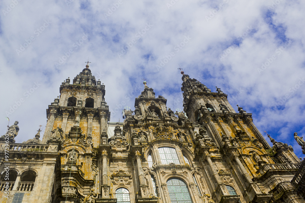 The Romanesque facade of the cathedral at Santiago de Compostela on the eastern side of Praza do Obradoiro
