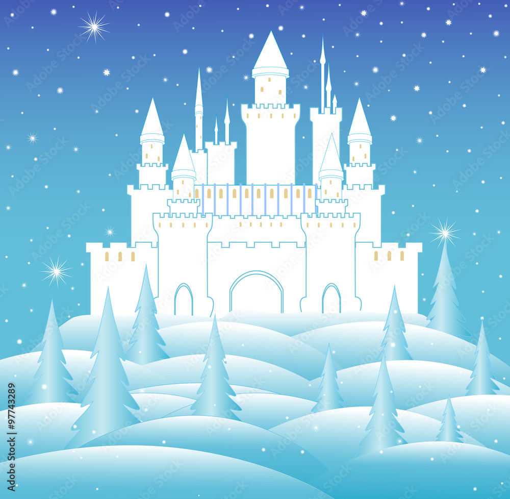 Vector snow queen's castle in frozen winter forest