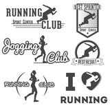 Running club vector labels and emblems for prints, projects, advertisments, invitations, cards.  Athletic silhouette, athlete run illustration