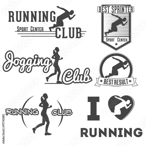 Running club vector labels and emblems for prints, projects, advertisments, invitations, cards.  Athletic silhouette, athlete run illustration