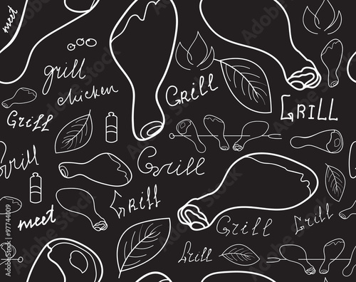 Food and drink vector seamless texture with chicken legs and word "Grill" handwritten by chalk on grey board. Endless vector pattern