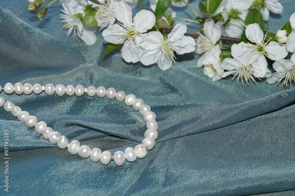 Pearls, spring flowers (cherry blossoms) and silk Pearls, spring flowers (cherry blossoms) and silk