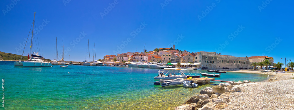 Primosten beach and harbor panoramic view