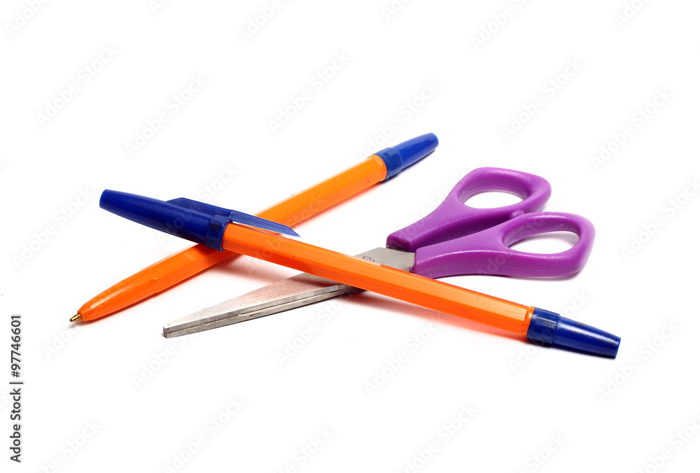 pen and scissors on a white background
