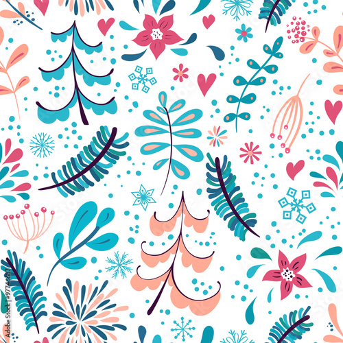 Winter flowers and snowflakes seamless pattern