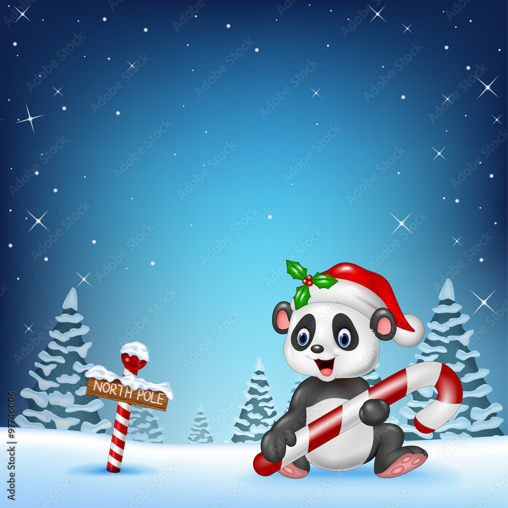 Cartoon funny panda sitting with a north pole wooden sign Cartoon funny panda sitting with a north pole wooden sign