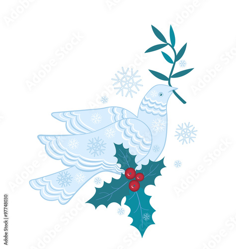 dove of peace with olive branch and snowflakes