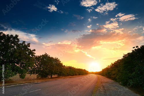 beautiful sunset on road, summer landscape