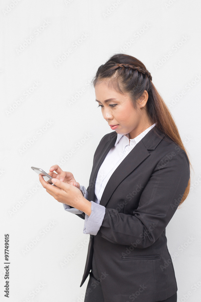 Business woman holding cellphone. checking email text messaging Business woman holding cellphone. checking email text messaging