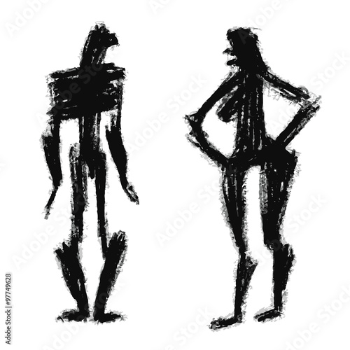 Gender differences. Caricature of man and woman. Two people talking. Grotesque. Black and white cartoon