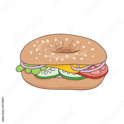 Fresh bagel sandwich with cheese, tomatoes, cucumbers and onions. Delicious breakfast. Vector illustration.